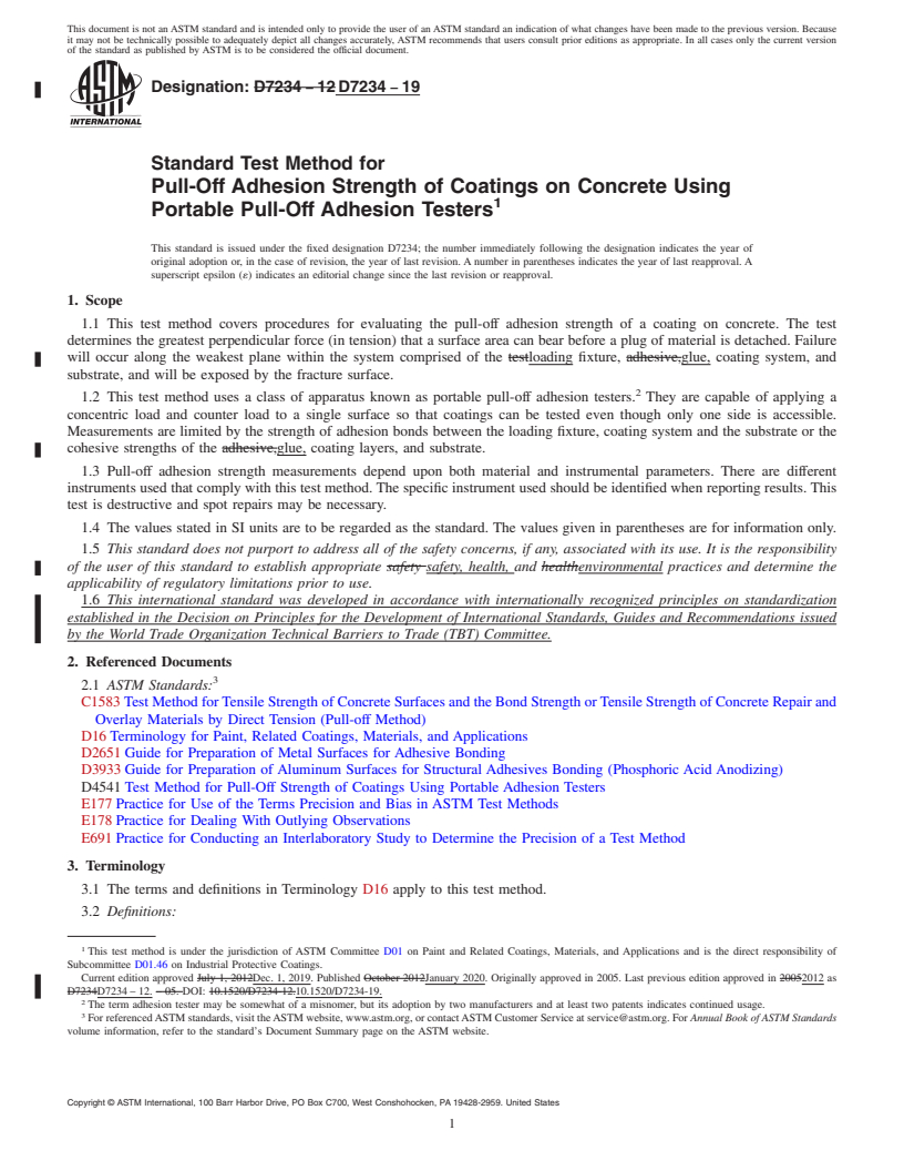 REDLINE ASTM D7234-19 - Standard Test Method for  Pull-Off Adhesion Strength of Coatings on Concrete Using Portable  Pull-Off     Adhesion Testers