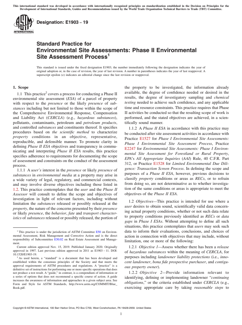 ASTM E1903-19 - Standard Practice for  Environmental Site Assessments: Phase II Environmental Site  Assessment Process