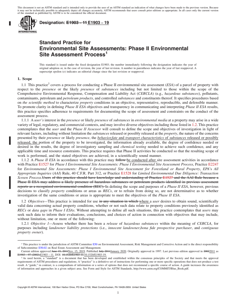 REDLINE ASTM E1903-19 - Standard Practice for  Environmental Site Assessments: Phase II Environmental Site  Assessment Process