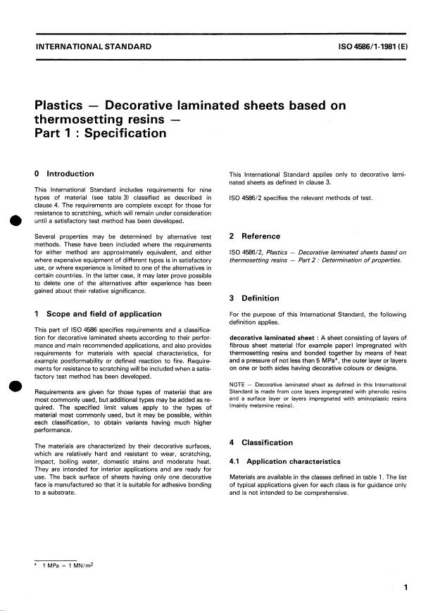 ISO 4586-1:1981 - Plastics -- Decorative laminated sheets based on thermosetting resins