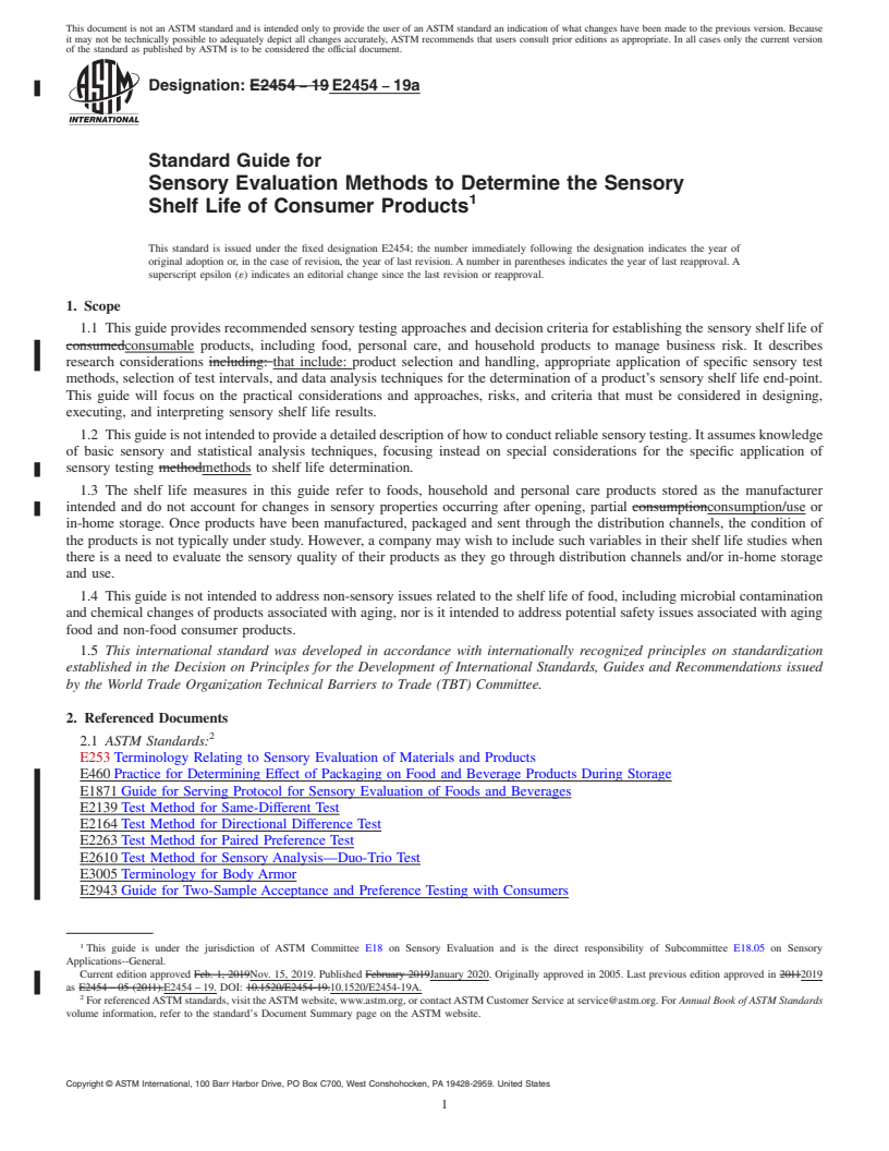 REDLINE ASTM E2454-19a - Standard Guide for  Sensory Evaluation Methods to Determine the Sensory Shelf Life  of Consumer Products