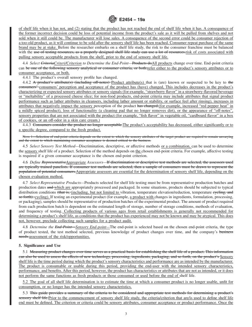 REDLINE ASTM E2454-19a - Standard Guide for  Sensory Evaluation Methods to Determine the Sensory Shelf Life  of Consumer Products