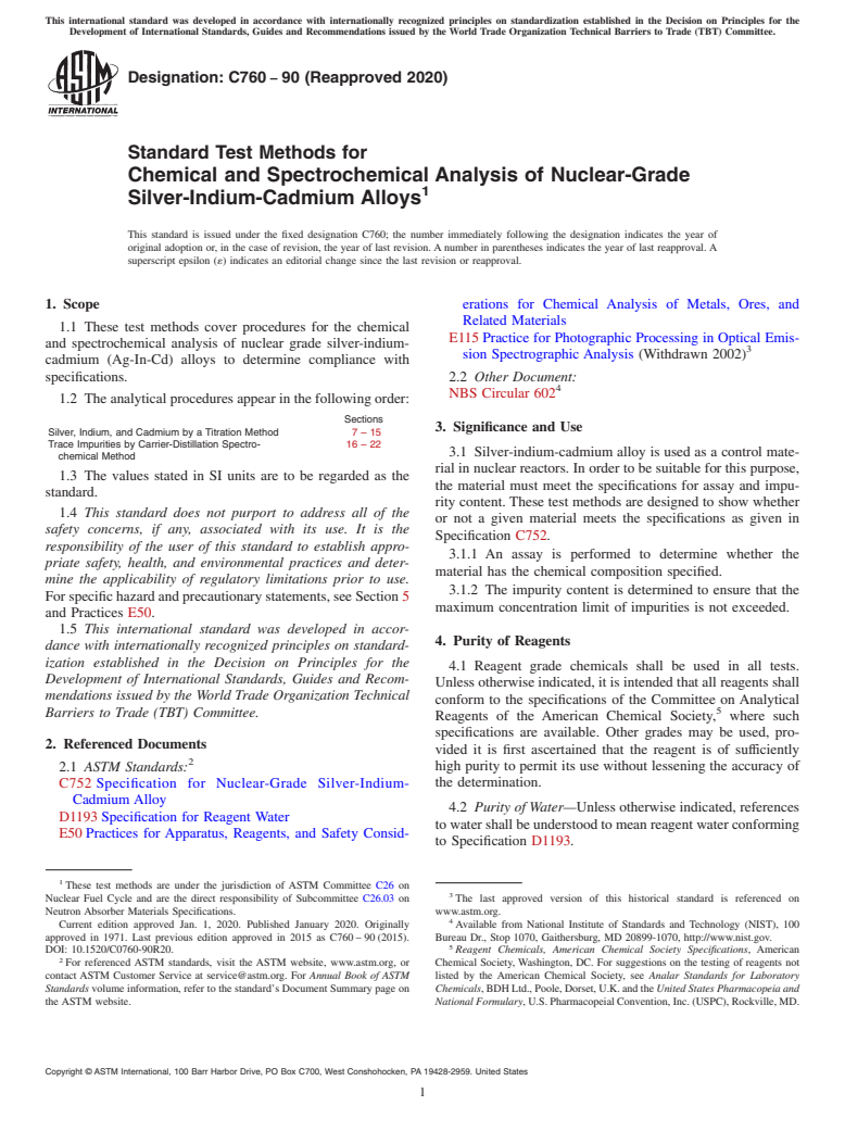 ASTM C760-90(2020) - Standard Test Methods for  Chemical and Spectrochemical Analysis of Nuclear-Grade Silver-Indium-Cadmium Alloys