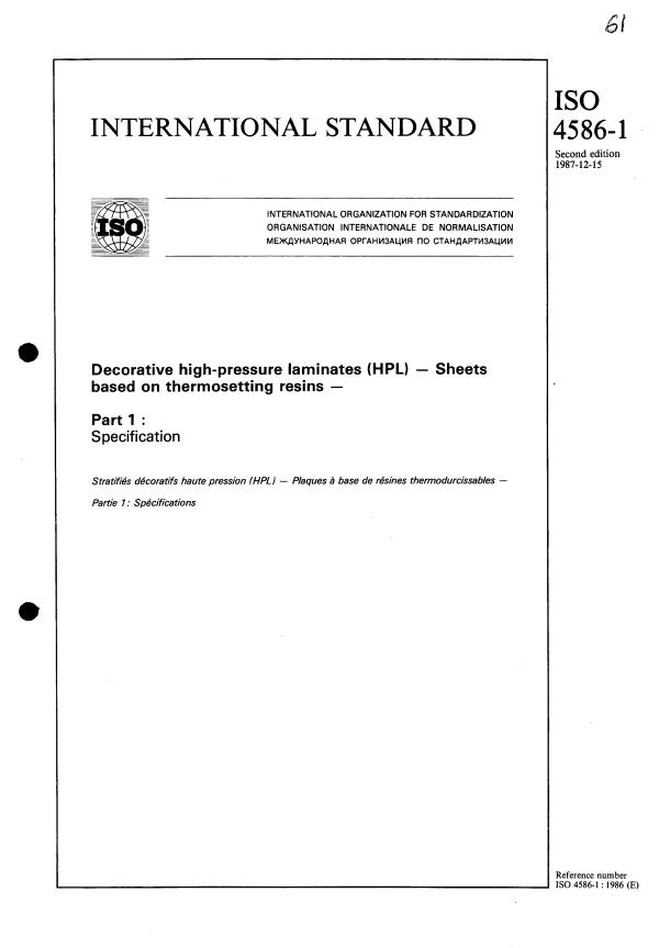 ISO 4586-1:1987 - Decorative high-pressure laminates (HPL) -- Sheets based on thermosetting resins