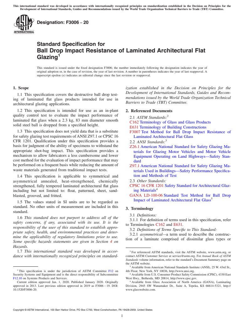 ASTM F3006-20 - Standard Specification for Ball Drop Impact Resistance of Laminated Architectural Flat  Glazing