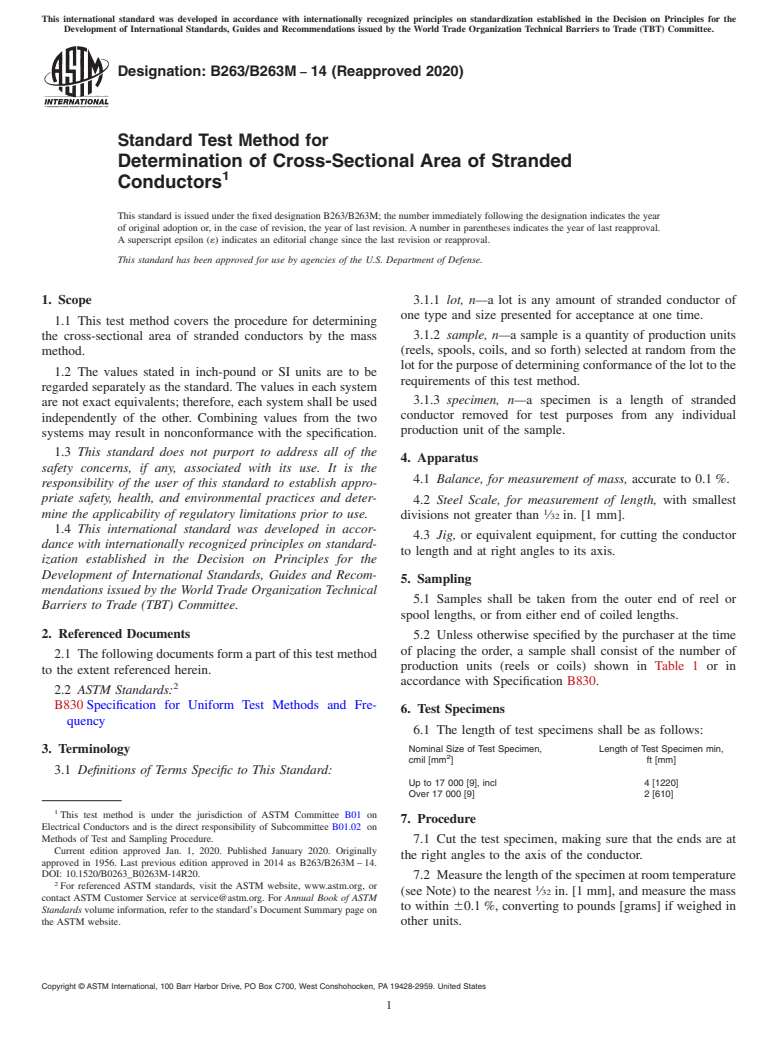 ASTM B263/B263M-14(2020) - Standard Test Method for Determination of Cross-Sectional Area of Stranded Conductors