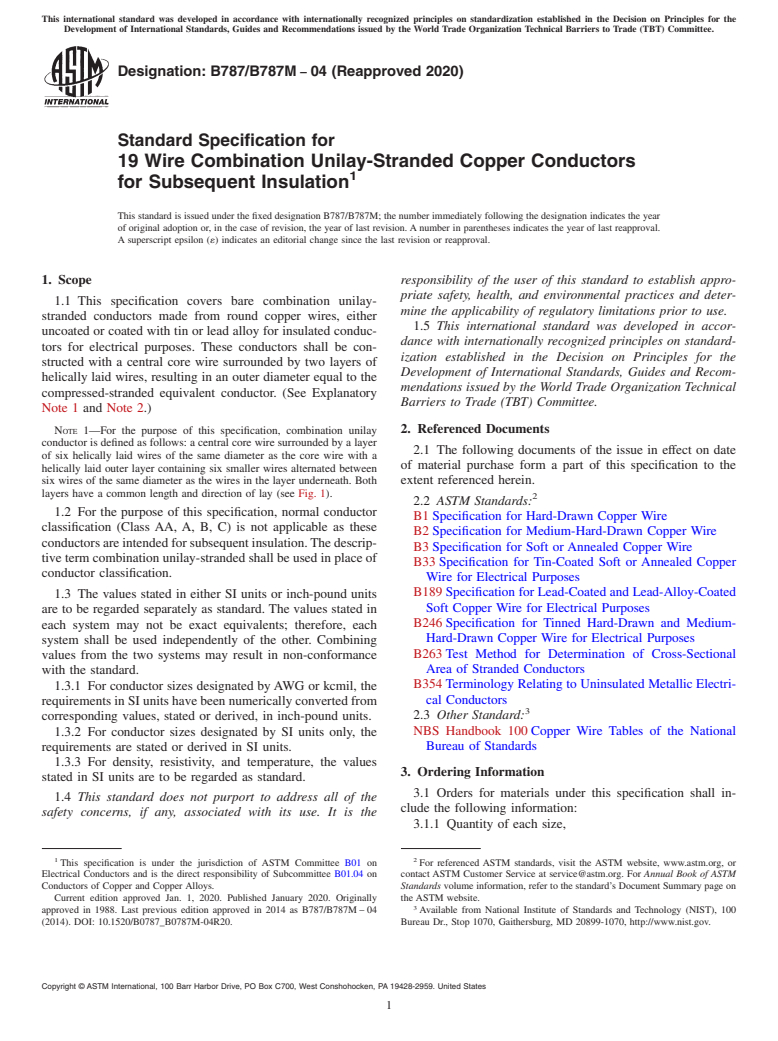 ASTM B787/B787M-04(2020) - Standard Specification for 19 Wire Combination Unilay-Stranded Copper Conductors for Subsequent   Insulation