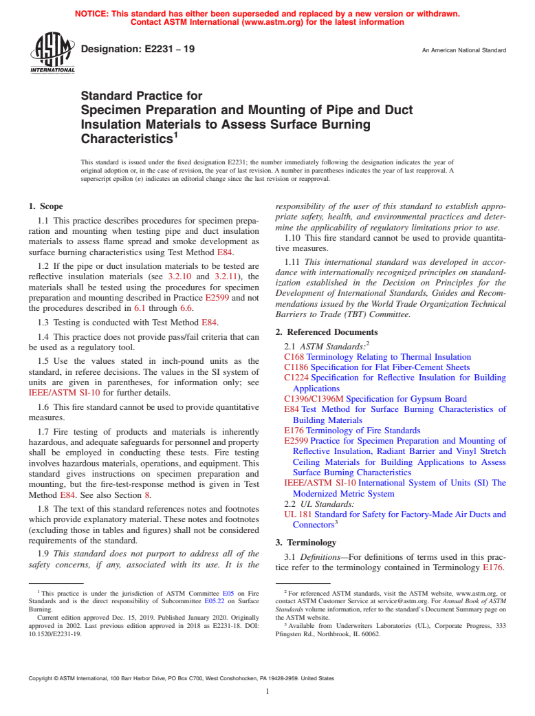 ASTM E2231-19 - Standard Practice for  Specimen Preparation and Mounting of Pipe and Duct Insulation  Materials to Assess Surface Burning Characteristics