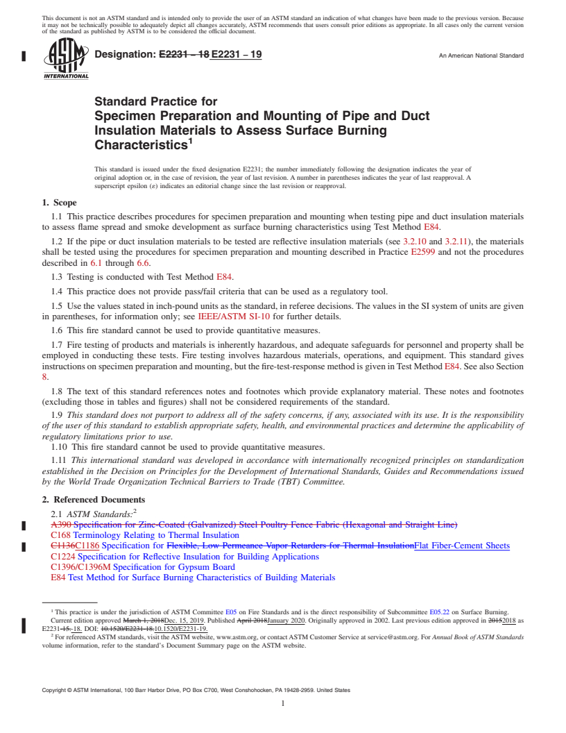 REDLINE ASTM E2231-19 - Standard Practice for  Specimen Preparation and Mounting of Pipe and Duct Insulation  Materials to Assess Surface Burning Characteristics