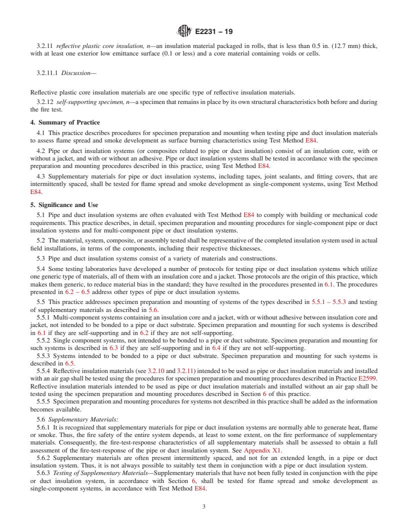 REDLINE ASTM E2231-19 - Standard Practice for  Specimen Preparation and Mounting of Pipe and Duct Insulation  Materials to Assess Surface Burning Characteristics