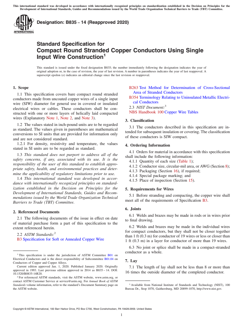 ASTM B835-14(2020) - Standard Specification for Compact Round Stranded Copper Conductors Using Single Input   Wire Construction