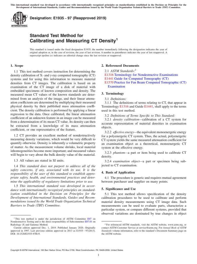 ASTM E1935-97(2019) - Standard Test Method for  Calibrating and Measuring CT Density