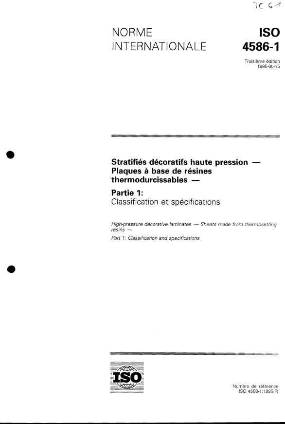 ISO 4586-1:1995 - Stratifiés décoratifs haute pression -- Plaques a base de résines thermodurcissables