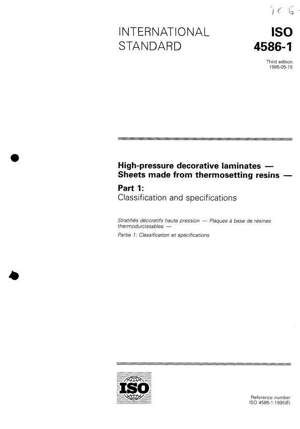 ISO 4586-1:1995 - High-pressure decorative laminates -- Sheets made from thermosetting resins