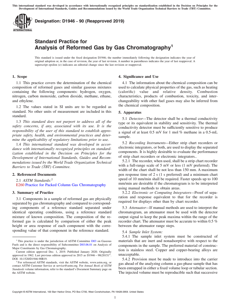 ASTM D1946-90(2019) - Standard Practice for  Analysis of Reformed Gas by Gas Chromatography