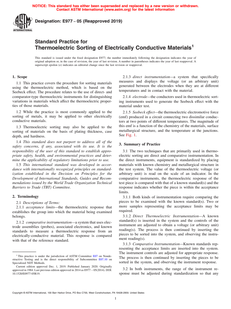 ASTM E977-05(2019) - Standard Practice for  Thermoelectric Sorting of Electrically Conductive Materials