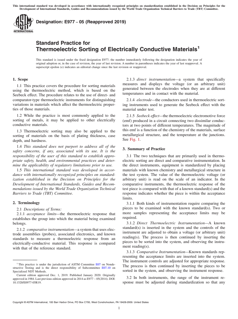 ASTM E977-05(2019) - Standard Practice for  Thermoelectric Sorting of Electrically Conductive Materials