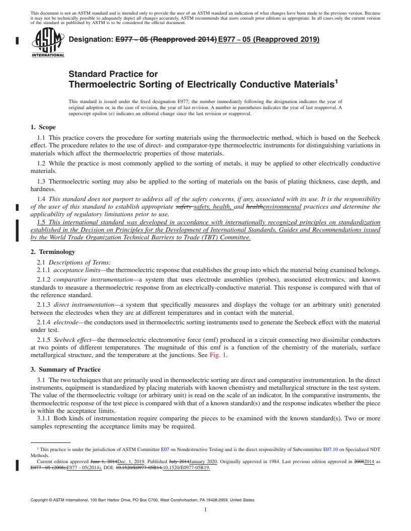 REDLINE ASTM E977-05(2019) - Standard Practice for  Thermoelectric Sorting of Electrically Conductive Materials