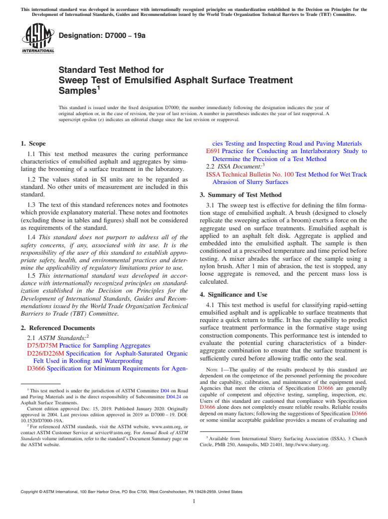 ASTM D7000-19a - Standard Test Method for  Sweep Test of Emulsified Asphalt Surface Treatment Samples