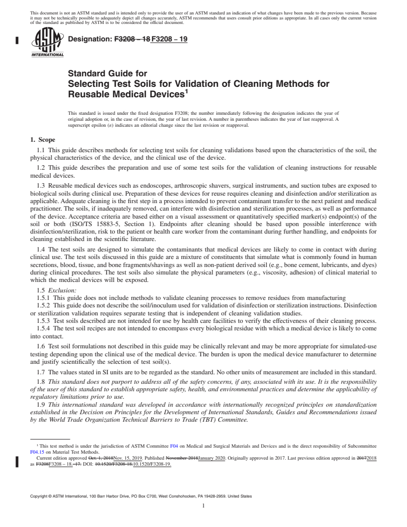 REDLINE ASTM F3208-19 - Standard Guide for Selecting Test Soils for Validation of Cleaning Methods for  Reusable Medical Devices