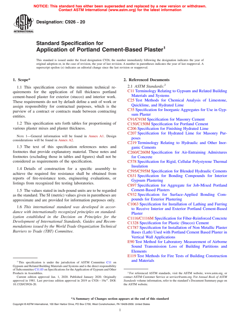 ASTM C926-20 - Standard Specification for  Application of Portland Cement-Based Plaster