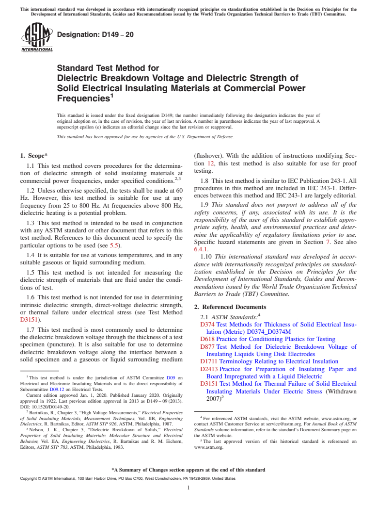 ASTM D149-20 - Standard Test Method for  Dielectric Breakdown Voltage and Dielectric Strength of Solid   Electrical Insulating Materials at Commercial Power Frequencies