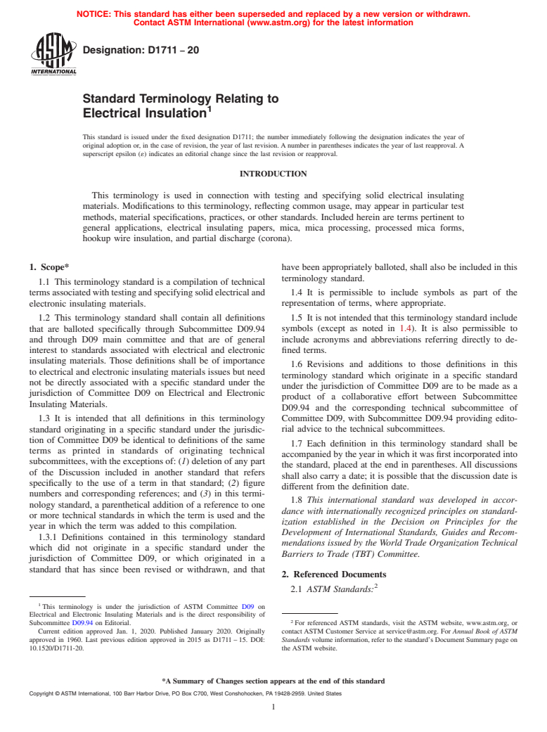 ASTM D1711-20 - Standard Terminology Relating to  Electrical Insulation