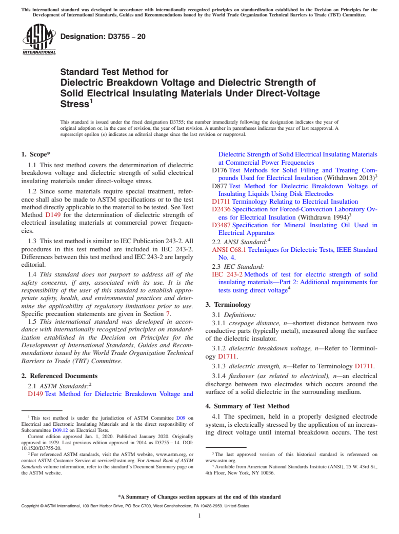 ASTM D3755-20 - Standard Test Method for  Dielectric Breakdown Voltage and Dielectric Strength of Solid   Electrical Insulating Materials Under Direct-Voltage Stress