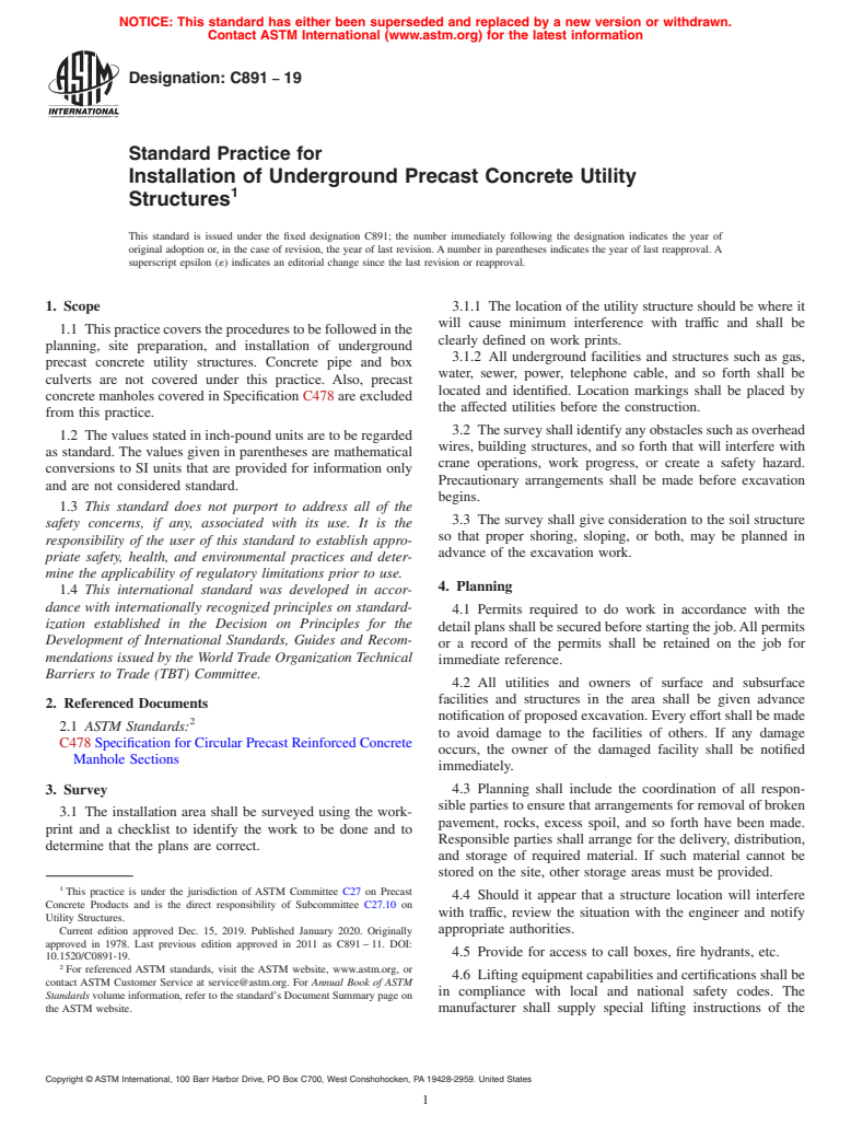 ASTM C891-19 - Standard Practice for Installation of Underground Precast Concrete Utility Structures