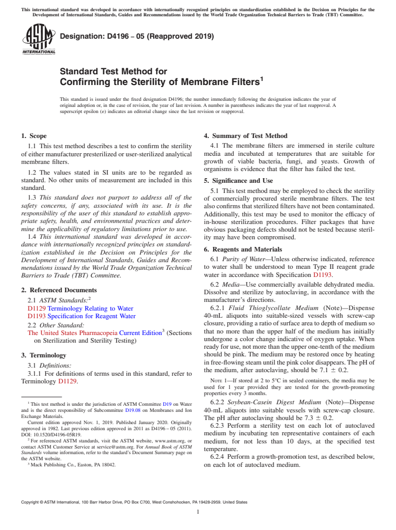 ASTM D4196-05(2019) - Standard Test Method for  Confirming the Sterility of Membrane Filters