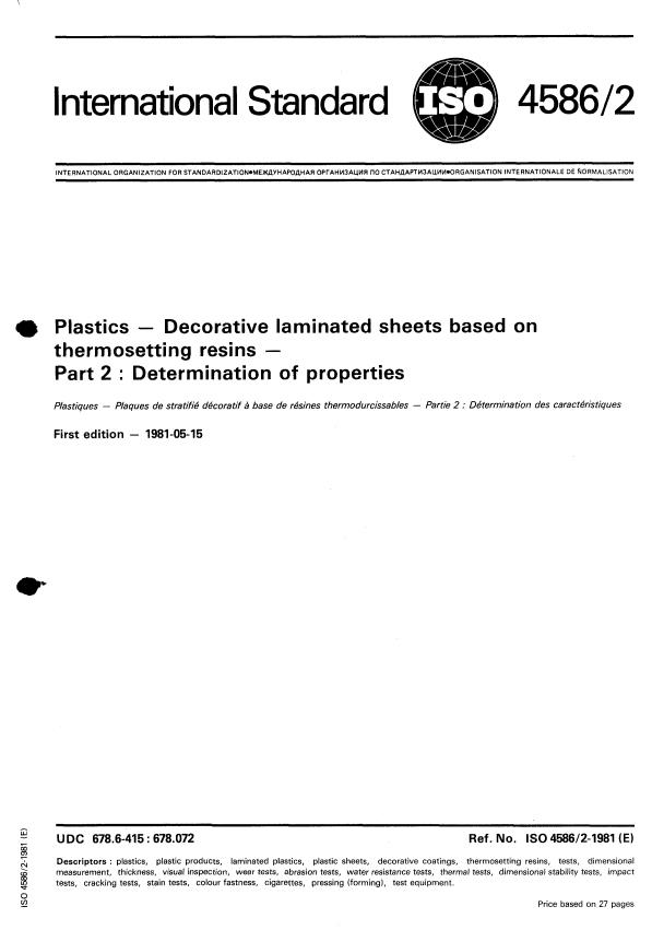 ISO 4586-2:1981 - Plastics -- Decorative laminated sheets based on thermosetting resins