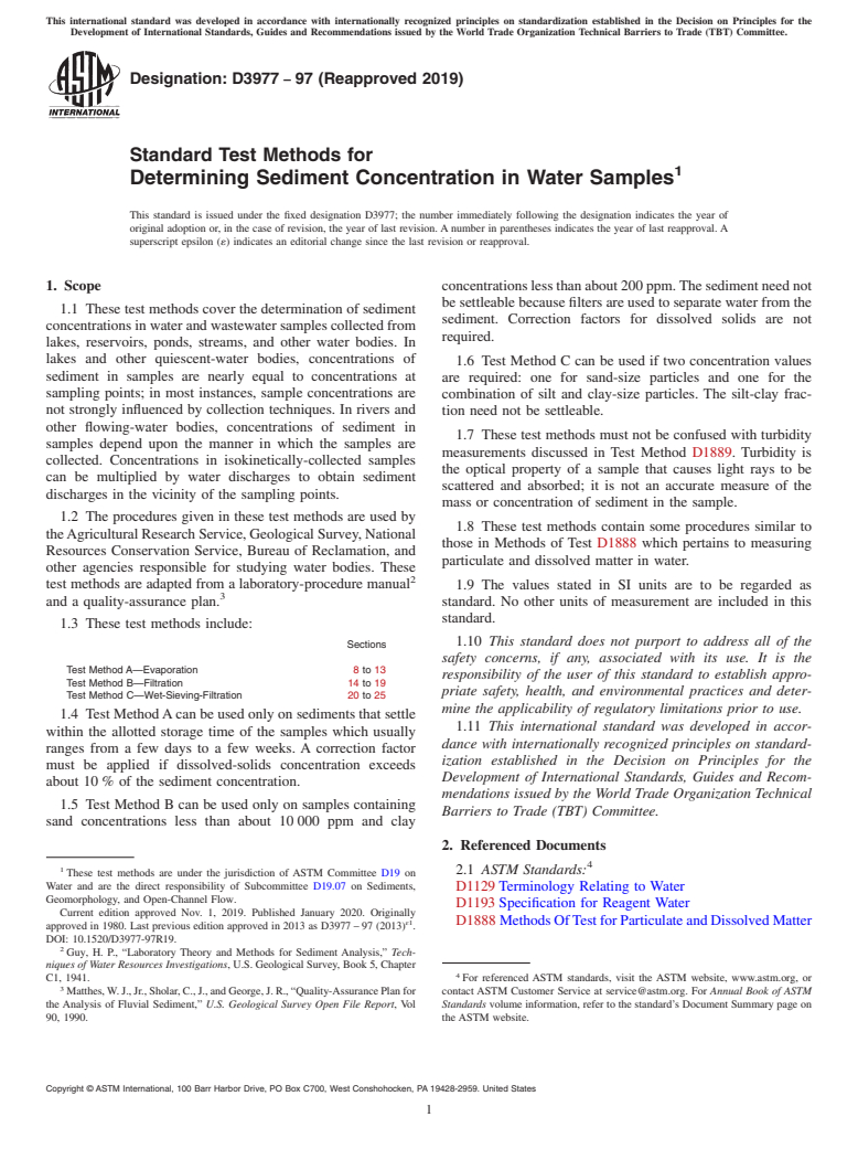 ASTM D3977-97(2019) - Standard Test Methods for  Determining Sediment Concentration in Water Samples