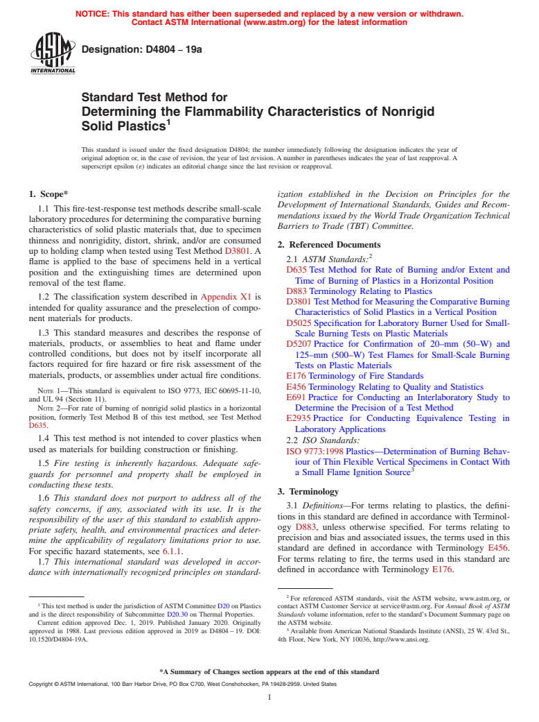 ASTM D4804-19a - Standard Test Method for  Determining the Flammability Characteristics of Nonrigid Solid  Plastics