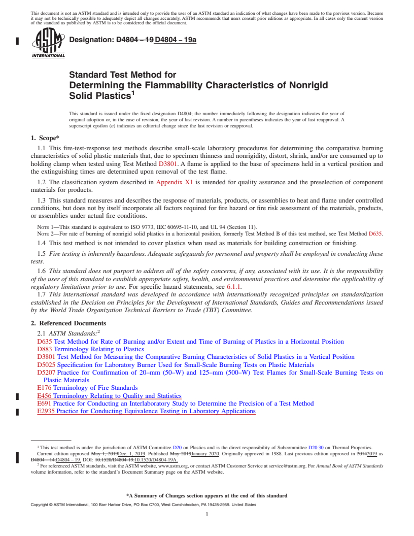 REDLINE ASTM D4804-19a - Standard Test Method for  Determining the Flammability Characteristics of Nonrigid Solid  Plastics