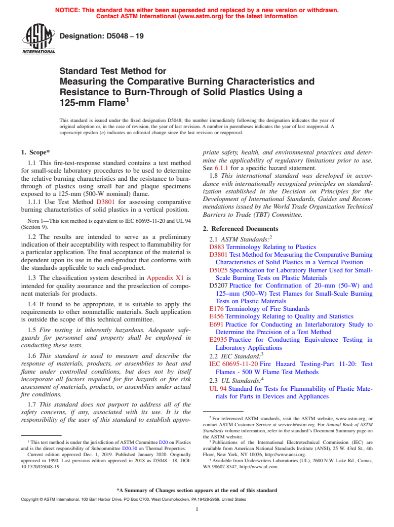 ASTM D5048-19 - Standard Test Method for Measuring the Comparative Burning Characteristics and Resistance  to Burn-Through of Solid Plastics Using a 125-mm Flame