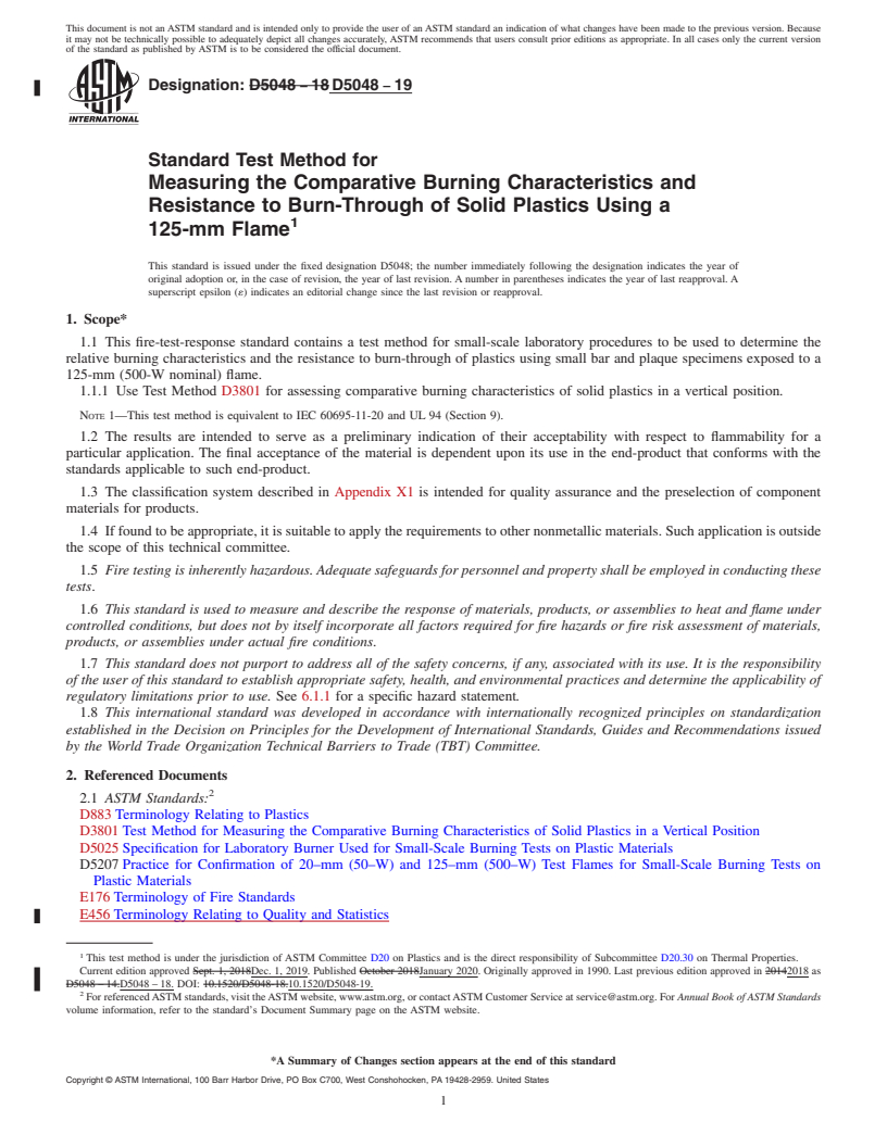 REDLINE ASTM D5048-19 - Standard Test Method for Measuring the Comparative Burning Characteristics and Resistance  to Burn-Through of Solid Plastics Using a 125-mm Flame