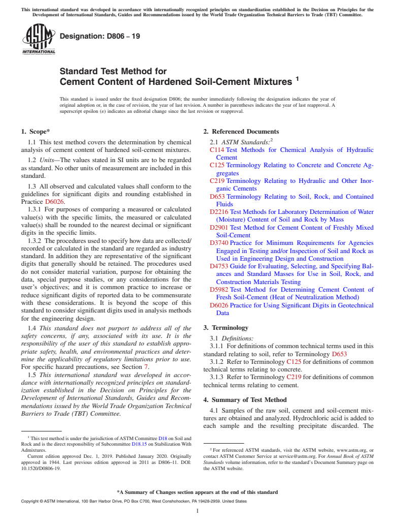 ASTM D806-19 - Standard Test Method for  Cement Content of Hardened Soil-Cement Mixtures