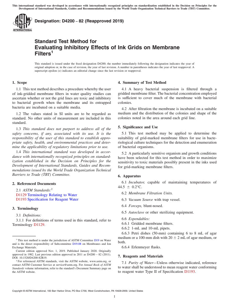 ASTM D4200-82(2019) - Standard Test Method for  Evaluating Inhibitory Effects of Ink Grids on Membrane Filters