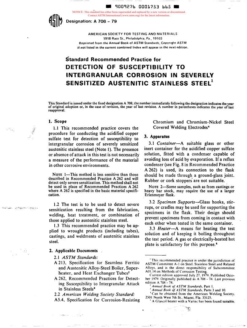 ASTM A708-79 - Practice for Detection of Susceptibility to Intergranular Corrosion in Severely Sensitized Austenitic Stainless Steel (Withdrawn 1988)