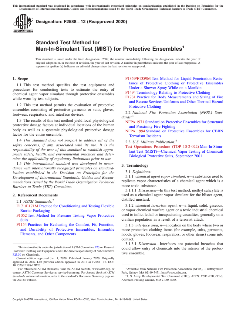 ASTM F2588-12(2020) - Standard Test Method for Man-In-Simulant Test (MIST) for Protective Ensembles