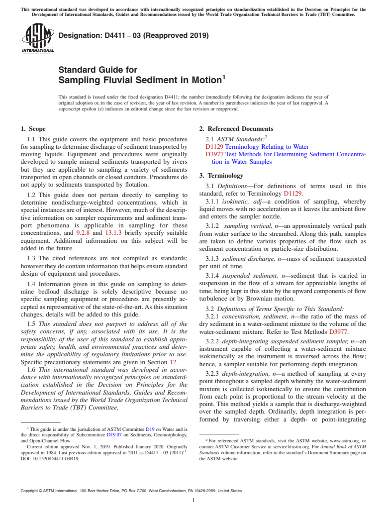 ASTM D4411-03(2019) - Standard Guide for  Sampling Fluvial Sediment in Motion