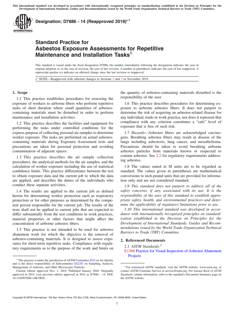 ASTM D7886-14(2019)e1 - Standard Practice for Asbestos Exposure Assessments for Repetitive Maintenance and  Installation Tasks