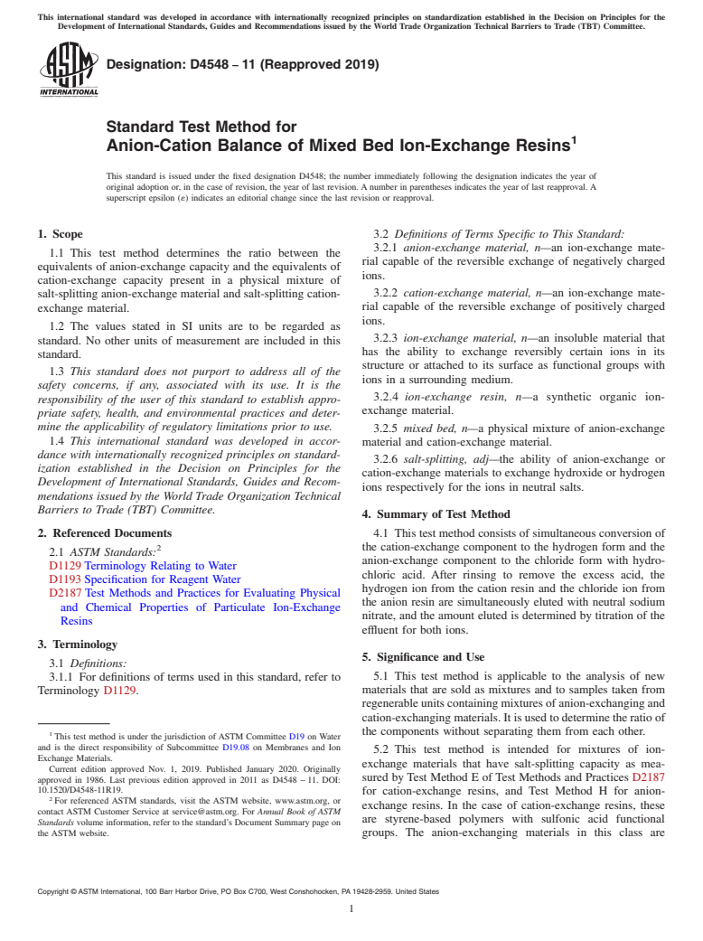 ASTM D4548-11(2019) - Standard Test Method for  Anion-Cation Balance of Mixed Bed Ion-Exchange Resins