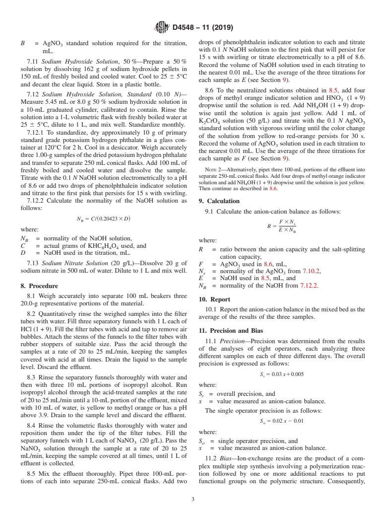 ASTM D4548-11(2019) - Standard Test Method for  Anion-Cation Balance of Mixed Bed Ion-Exchange Resins