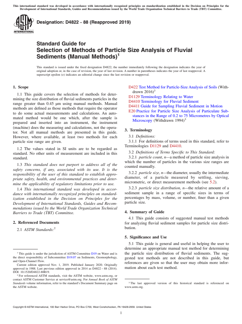 ASTM D4822-88(2019) - Standard Guide for  Selection of Methods of Particle Size Analysis of Fluvial Sediments  (Manual Methods)