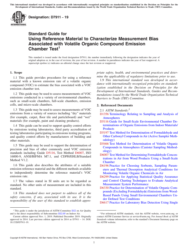 ASTM D7911-19 - Standard Guide for Using Reference Material to Characterize Measurement Bias Associated  with Volatile Organic Compound Emission Chamber Test