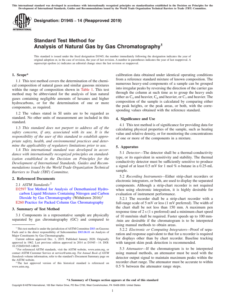 ASTM D1945-14(2019) - Standard Test Method for  Analysis of Natural Gas by Gas Chromatography