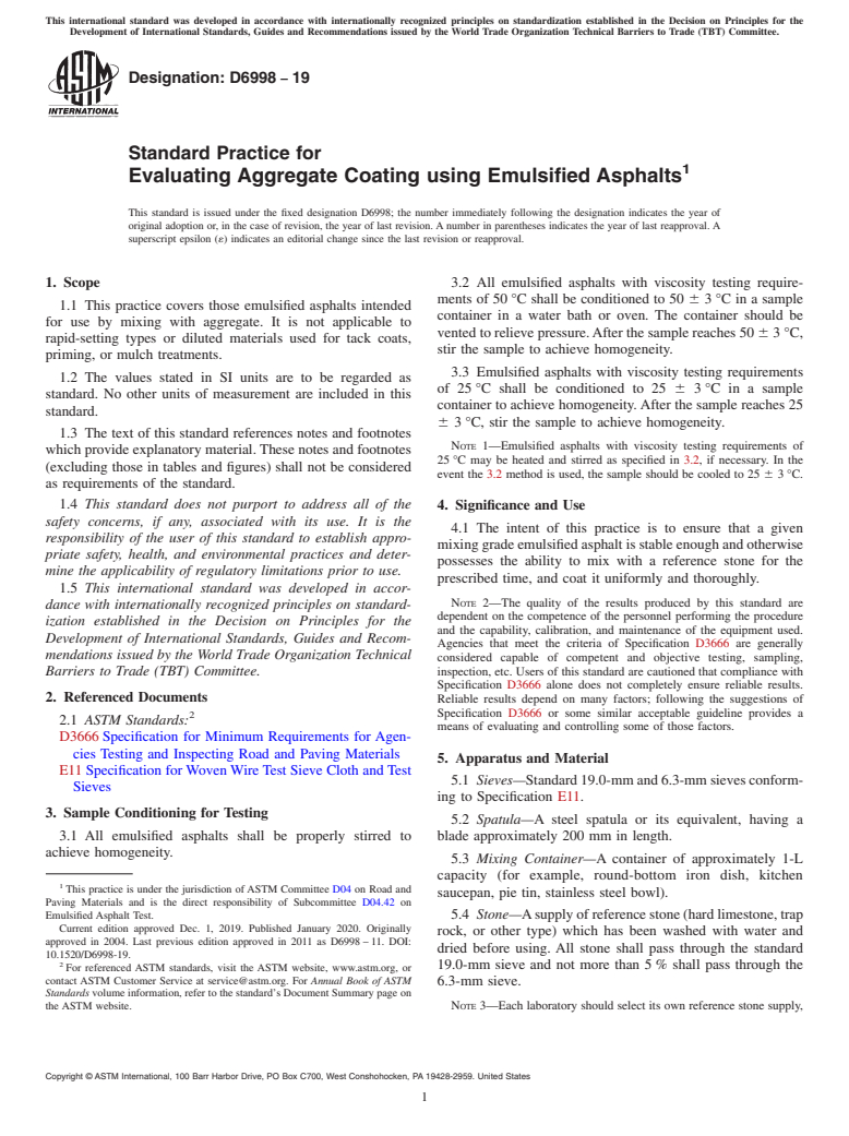 ASTM D6998-19 - Standard Practice for  Evaluating Aggregate Coating using Emulsified Asphalts