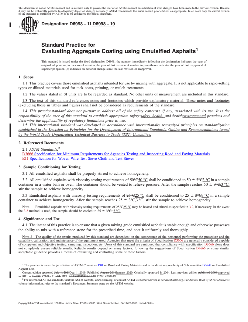REDLINE ASTM D6998-19 - Standard Practice for  Evaluating Aggregate Coating using Emulsified Asphalts