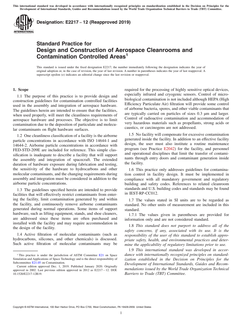 ASTM E2217-12(2019) - Standard Practice for  Design and Construction of Aerospace Cleanrooms and Contamination  Controlled Areas